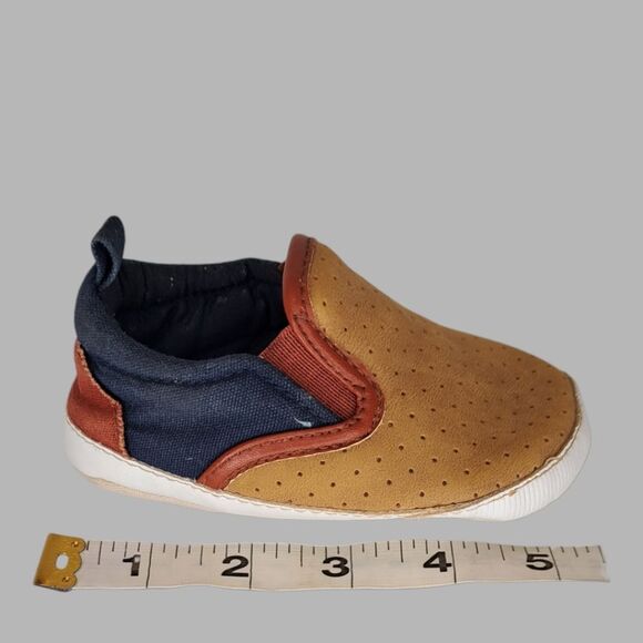 OshKosh B'Gosh Kids #OK02474 Baby Size 4 Slip On Soft Crib Shoe Tan + Blue - Picture 9 of 13
